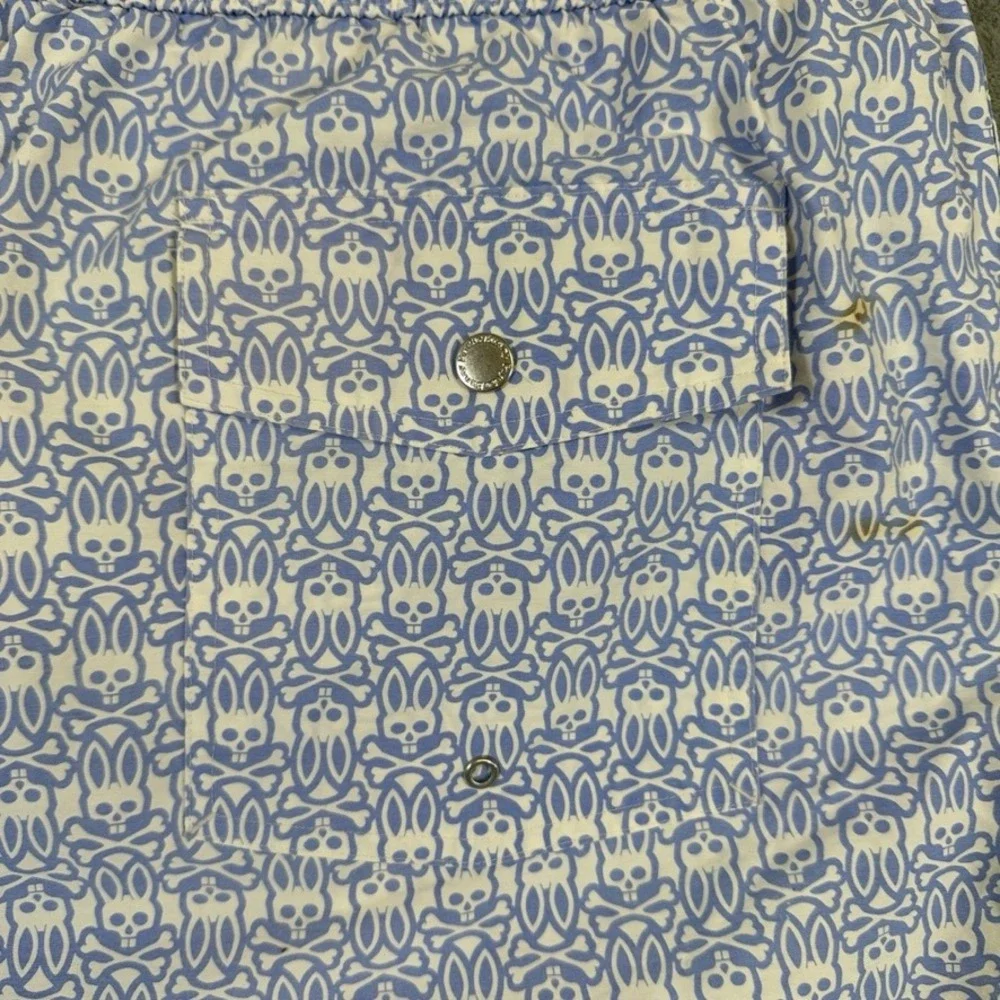 Psycho Bunny Mens 2XL Blue White Logo Print Swim Trunks Board Shorts Mesh Lined